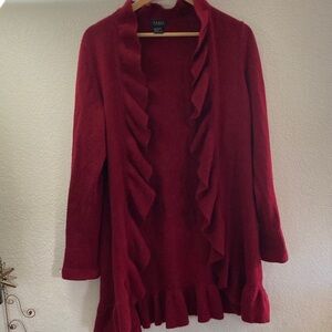 Forte’ 100% cashmere Red burgundy Ruffled Cardigan jacket open front luxury L